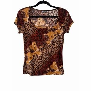 Wet Seal T-Shirt Womens Size S Multicolor Animal Print Lion Cub Graphic
